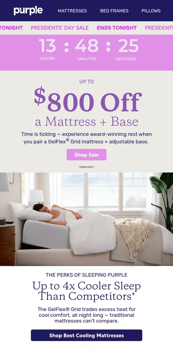 Email from Purple. ENDS TONIGHT: Save Up to $800 on a Mattress + Base