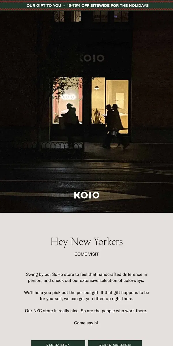 Email from Koio. Attention all New Yorkers