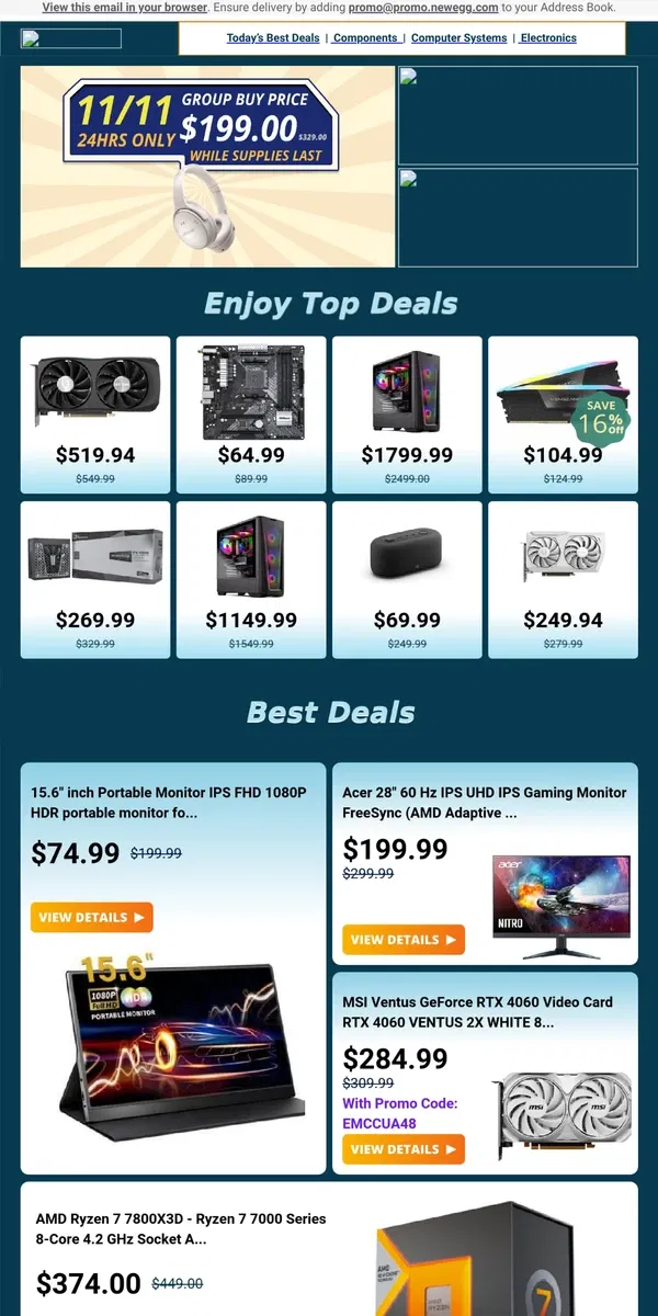 Email from Newegg. Only $104.99! 🚀 CORSAIR Vengeance RGB CMH32GX5M2E6000C36! 🌟