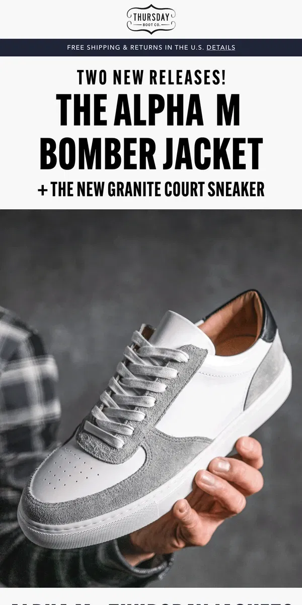 Email from Thursday Boot Company. New Bomber Jacket Collection & New Court Sneaker!