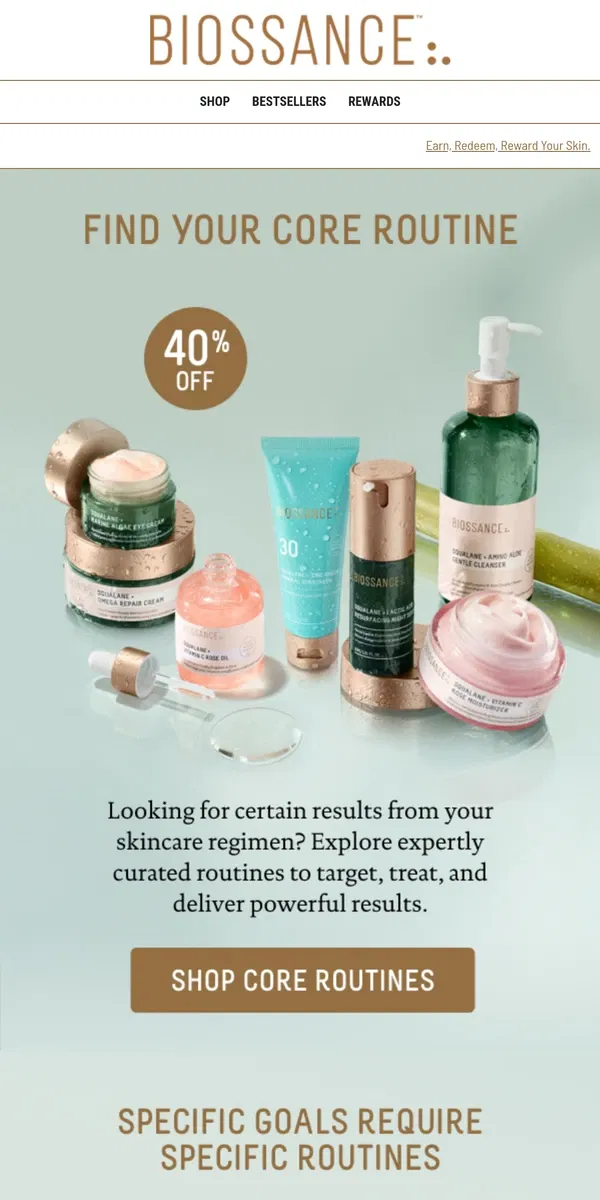 Email from Biossance. Ends TONIGHT! 40% off your new core routine