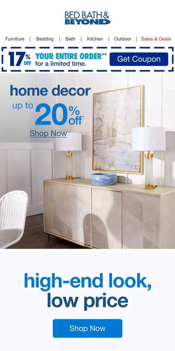 Email from Bed Bath & Beyond. Take Up To 20% Off A Little Luxury For Every Room