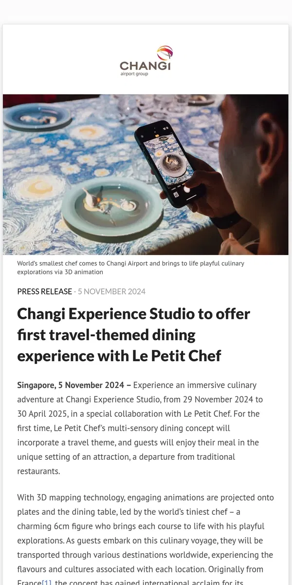 Email from Changi Airport. Changi Experience Studio to offer first travel-themed dining experience with Le Petit Chef