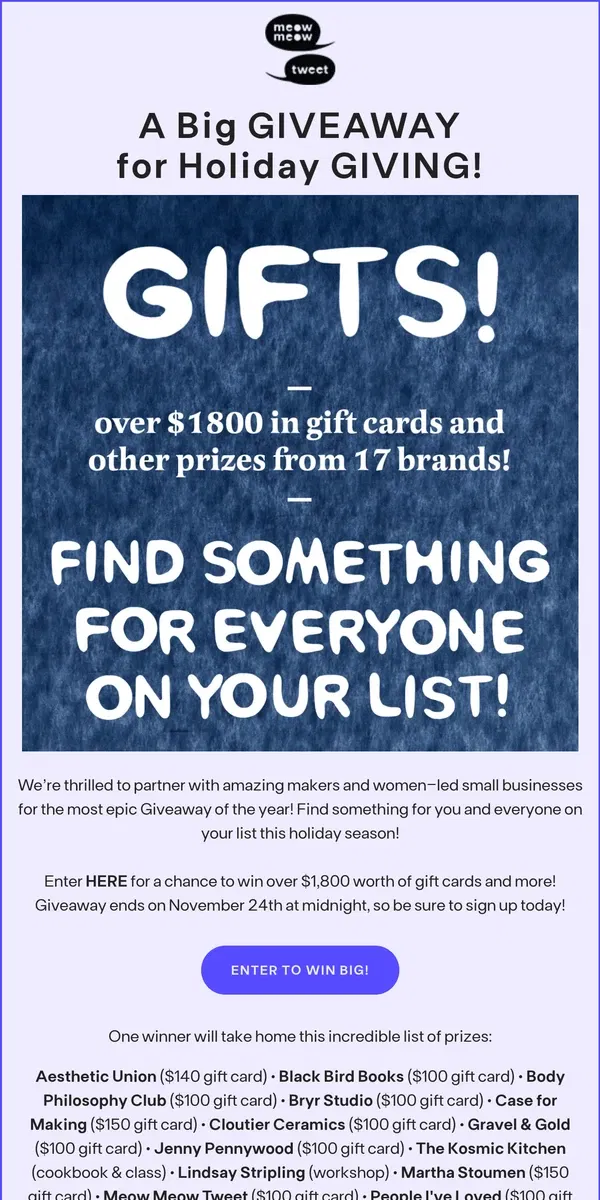 Email from Meow Meow Tweet. A Big Holiday Giveaway! 💎 🔹 🚙 💠