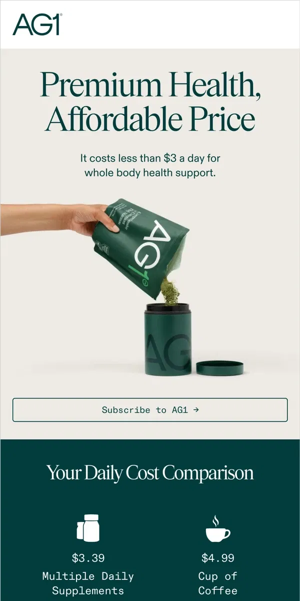 Email from AG1 by Athletic Greens. Less than $3 a day for whole body health