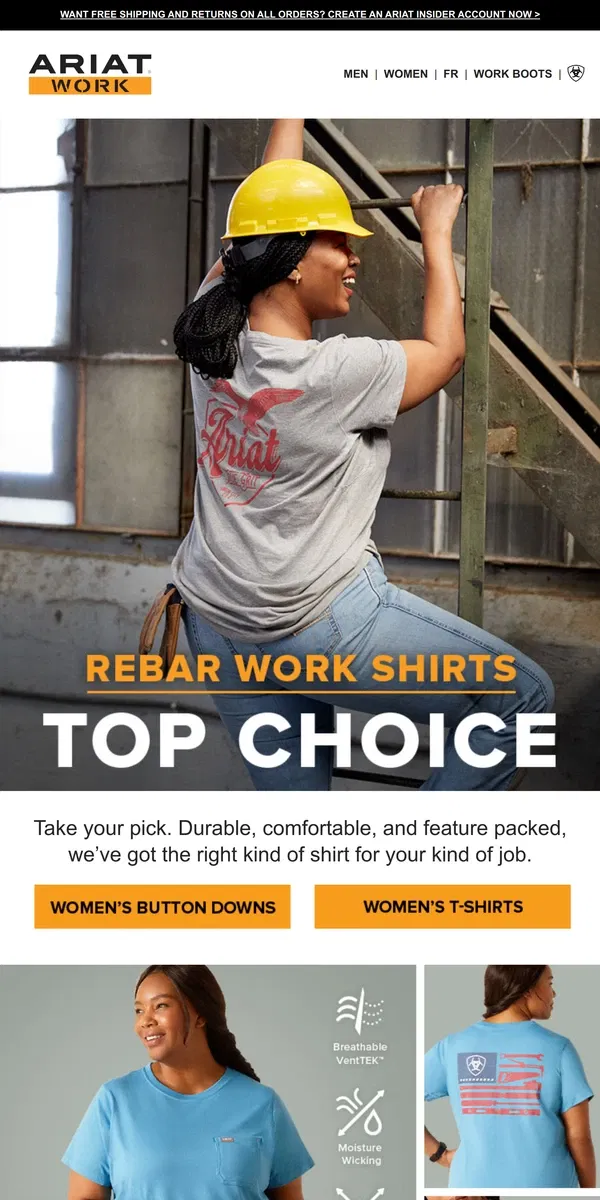 Email from Ariat. The Top Choice in Women's Work Shirts? Rebar