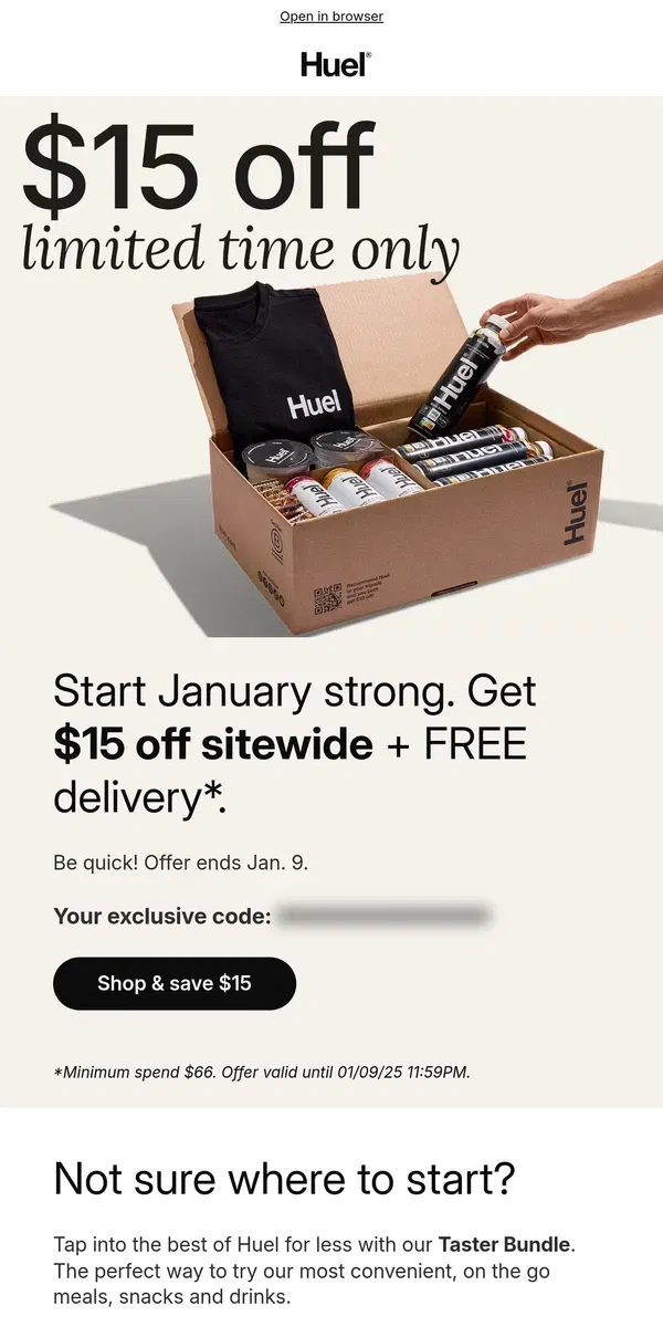 Email from Huel. $15 off sitewide, limited time ⏳