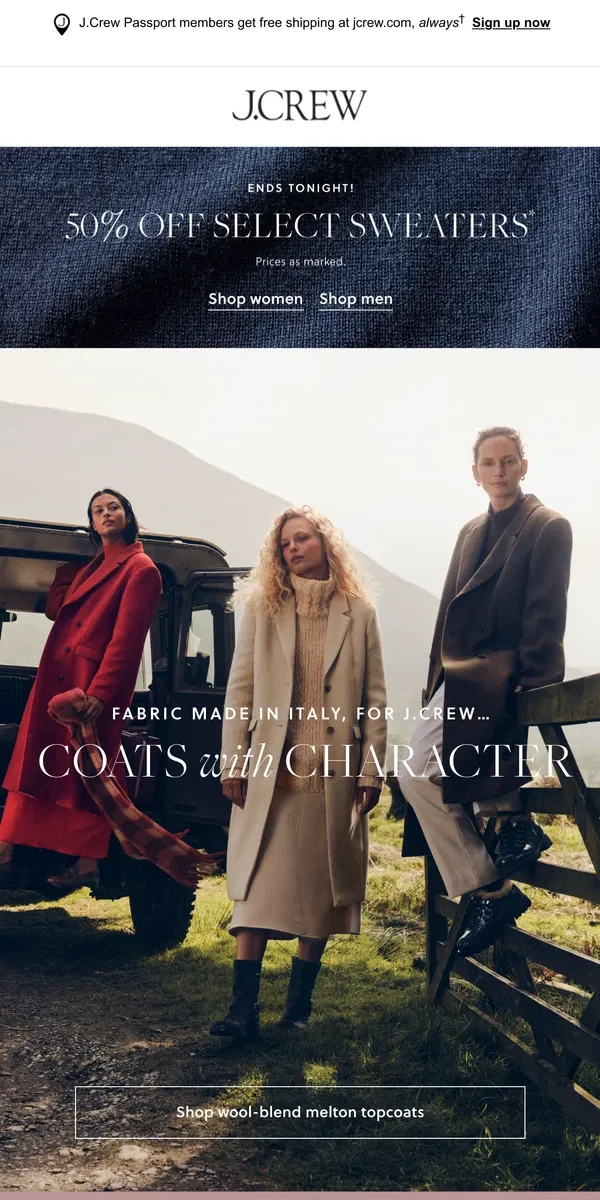 Email from J.Crew. Coats with character