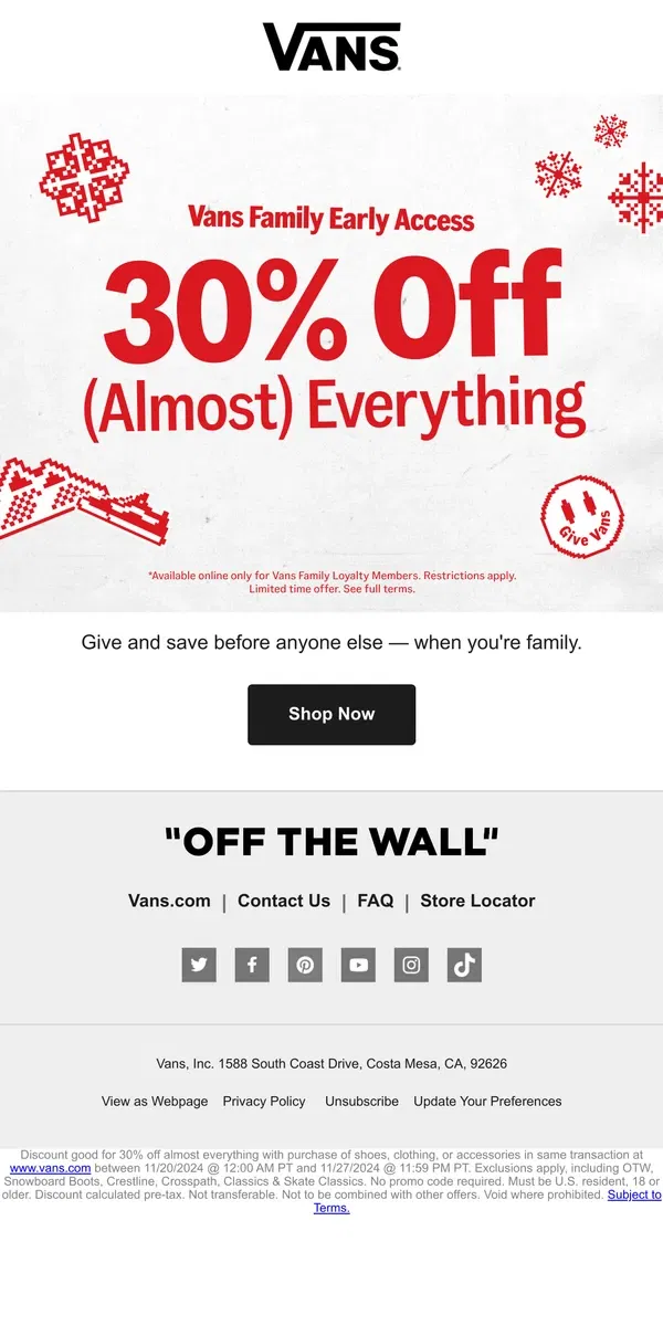 Email from Vans. 30% Off Almost Everything is On!