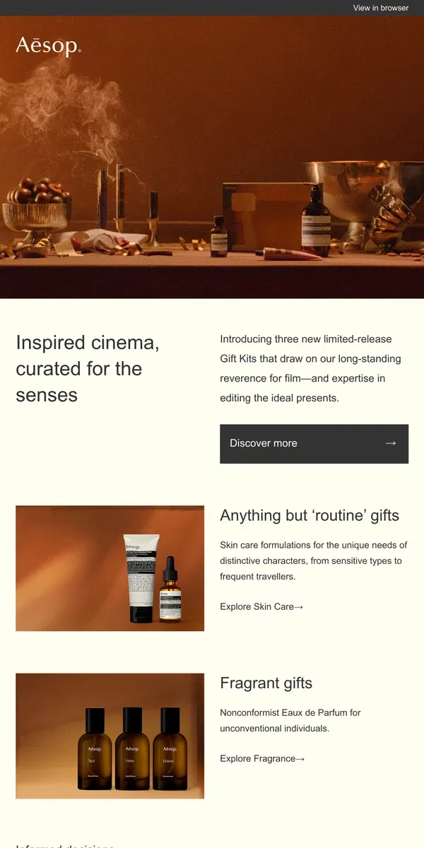 Email from Aesop. Gift Kits for the skin and senses