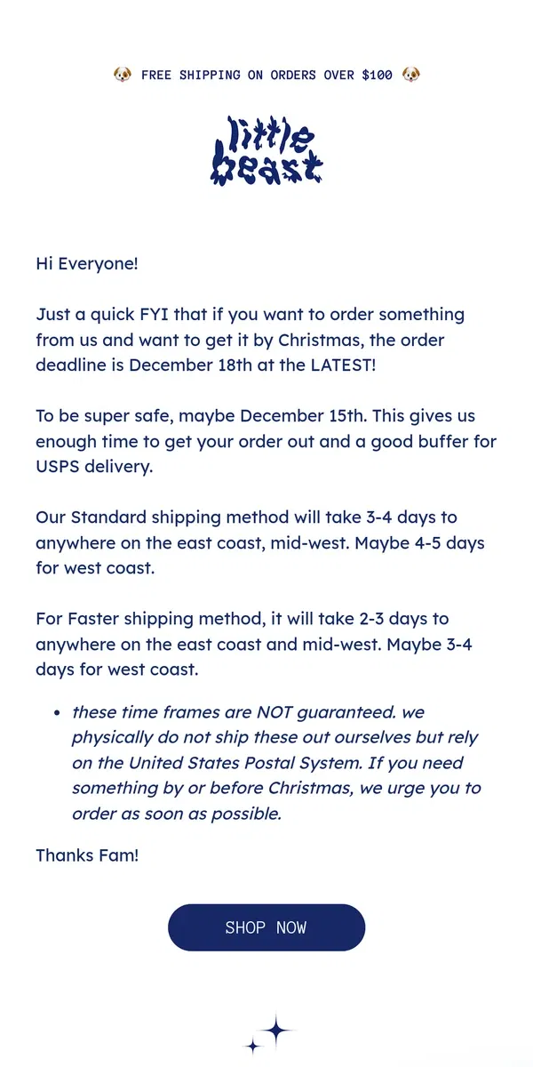 Email from Little Beast. Holiday Shipping Deadlines 🎄