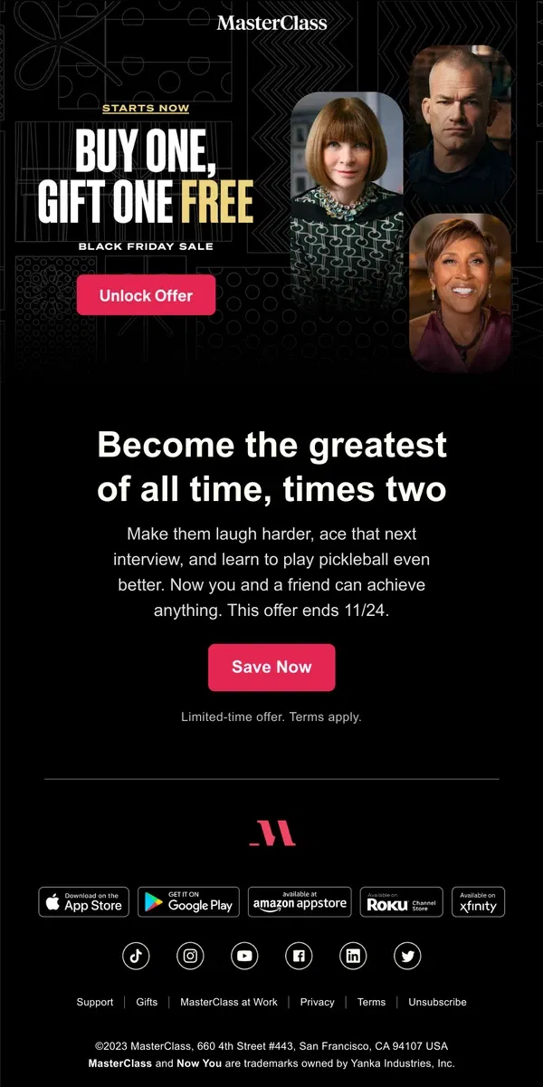 Email from Masterclass. Buy one membership, gift one FREE this Black Friday