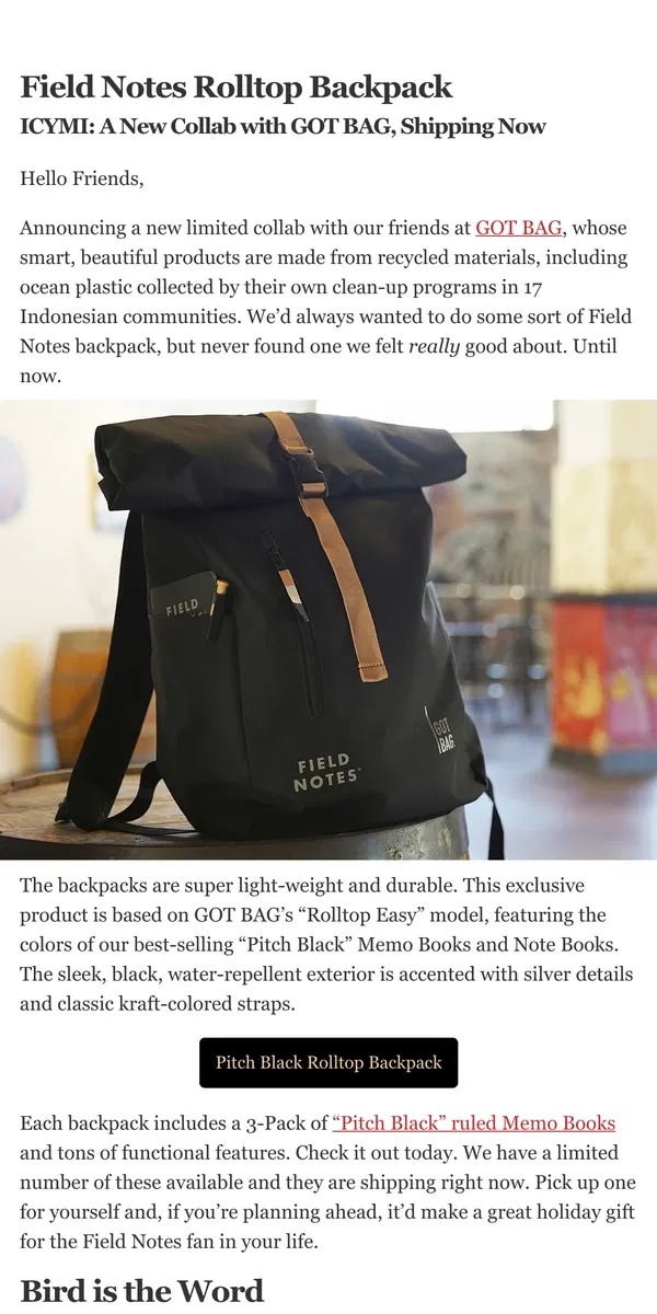 Email from Field Notes. Field Notes Rolltop Backpack