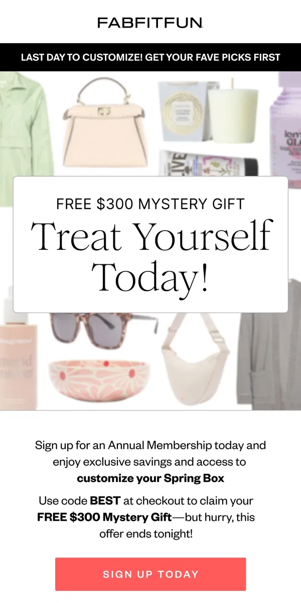 Email from FabFitFun. Today Only: Get a $300 Mystery Gift!