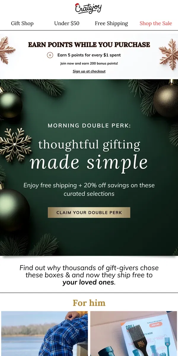 Email from Cratejoy. Double perk alert:  20% off + free shipping today 🎄