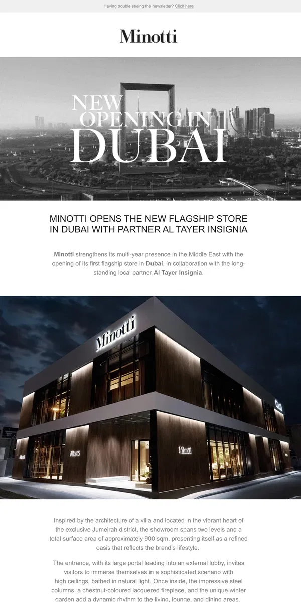 Email from MINOTTI. MINOTTI OPENS THE NEW FLAGSHIP STORE IN DUBAI WITH PARTNER AL TAYER INSIGNIA