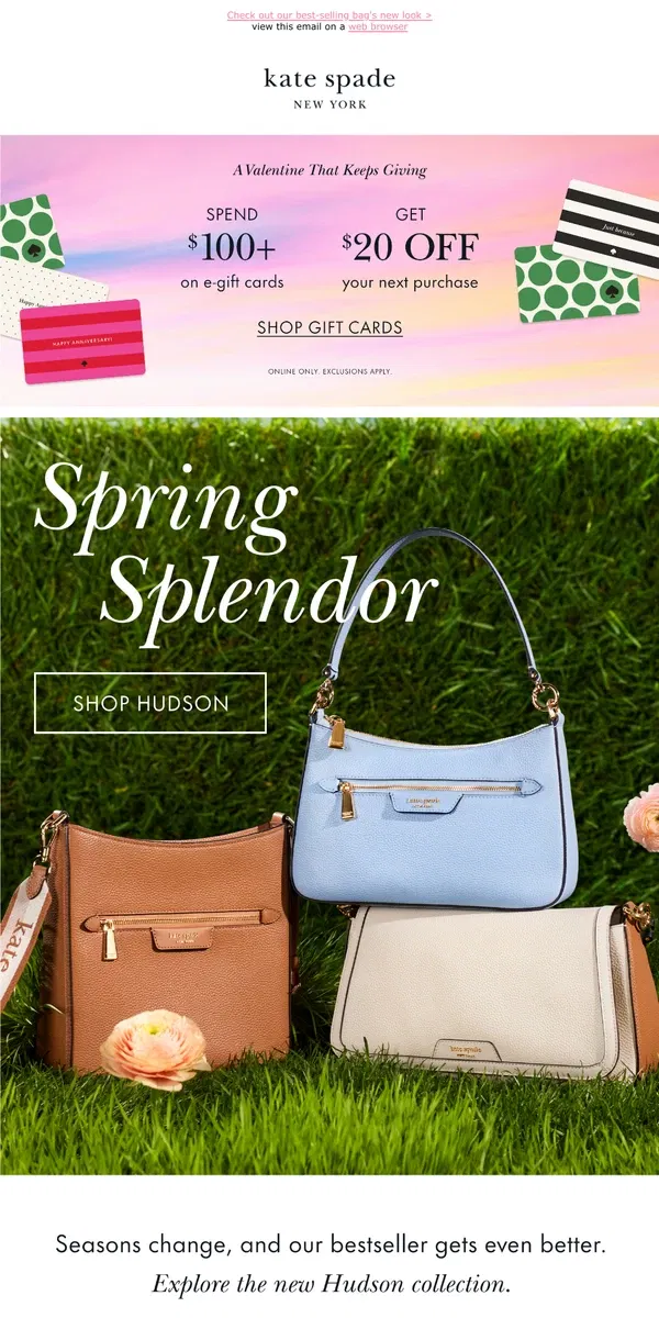 Email from Kate Spade. (Re)introducing the Hudson, updated for spring