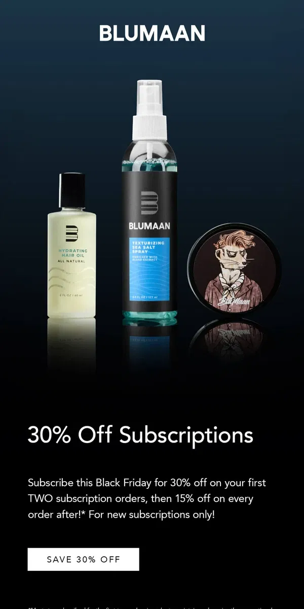 Email from BluMaan. 30% OFF ALL SUBSCRIPTIONS 🥳