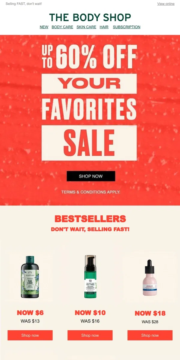 Email from The Body Shop. BESTSELLING BEAUTY up to 60% OFF