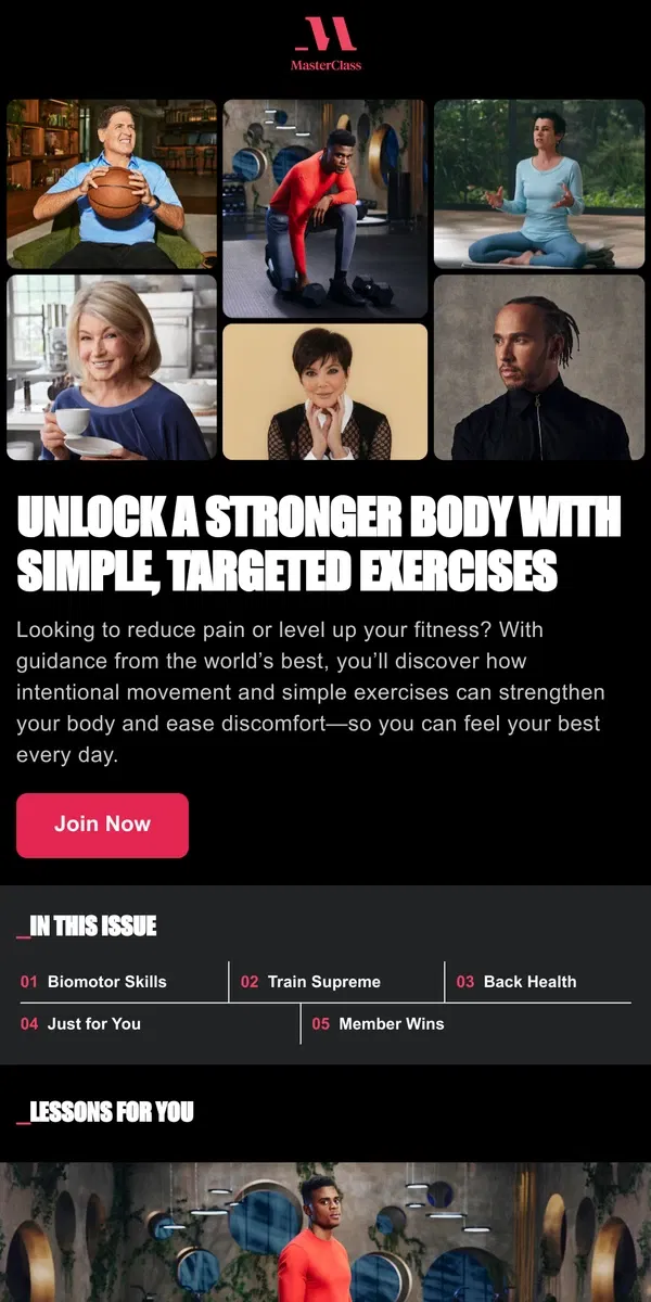 Email from Masterclass. 3 exercises to reduce pain and build strength