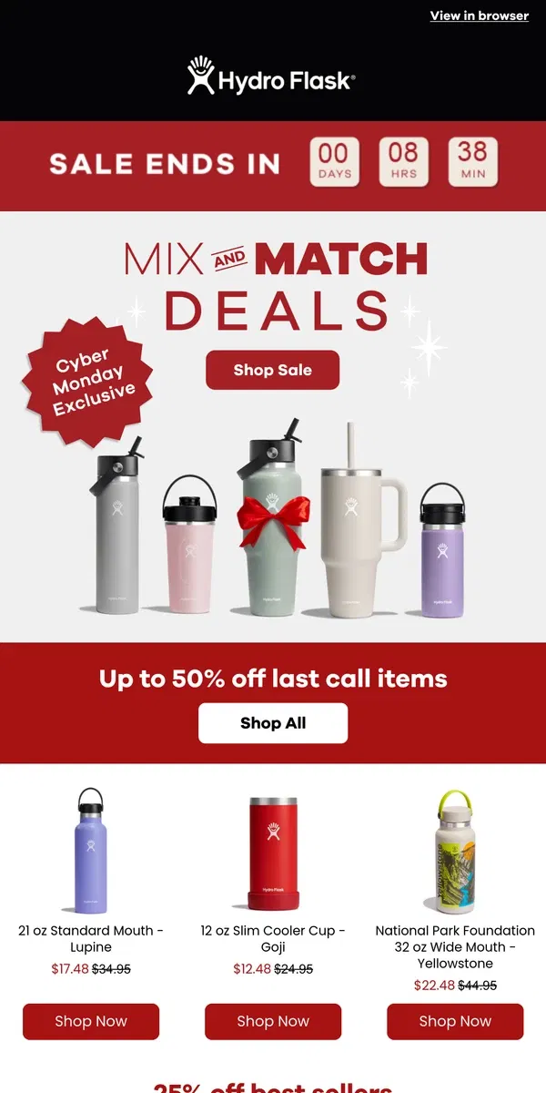 Email from Hydro Flask. LAST CHANCE - Cyber Monday ends soon