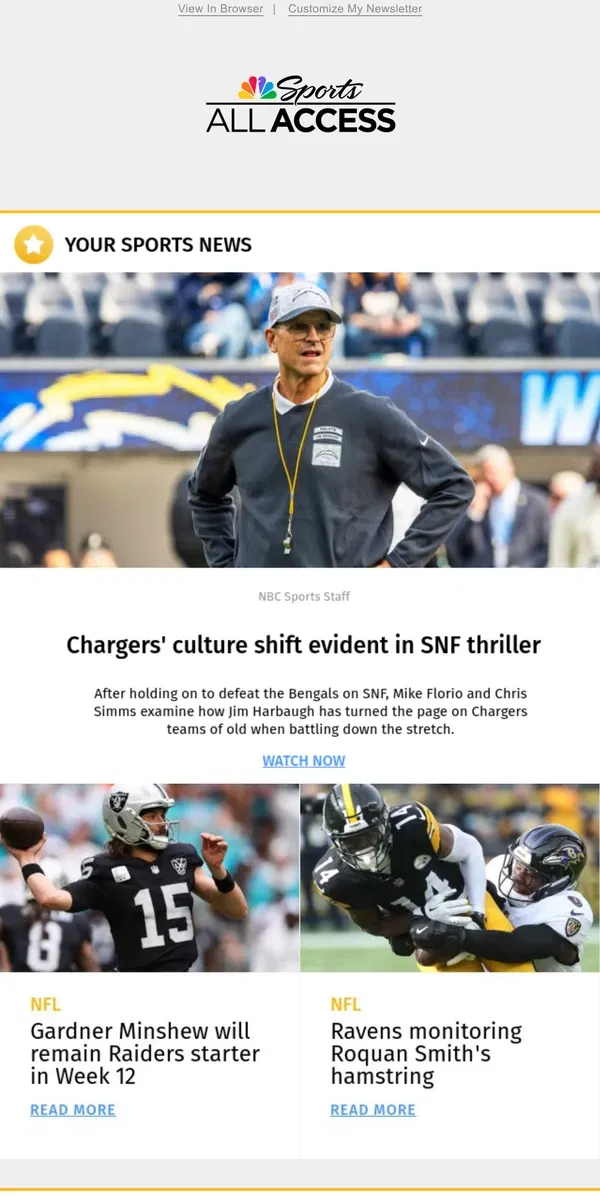 Email from NBC Sports. Chargers' culture shift evident in SNF thriller