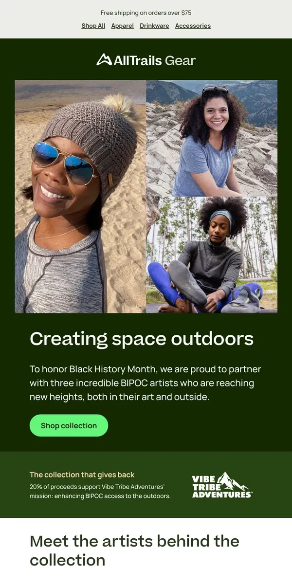 Email from AllTrails. New collection from  BIPOC artists