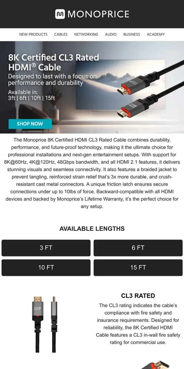 Email from Monoprice. Shop CL3 Rated HDMI Cables Available in 8K and 4K Today! ✨