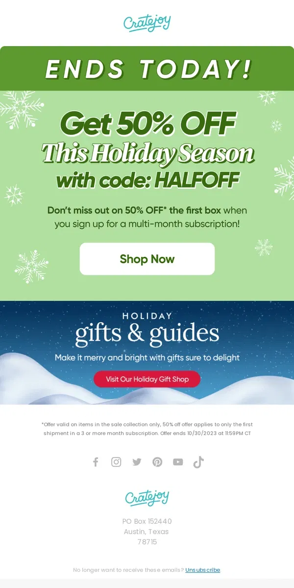 Email from Cratejoy. Holiday Savings End Today!