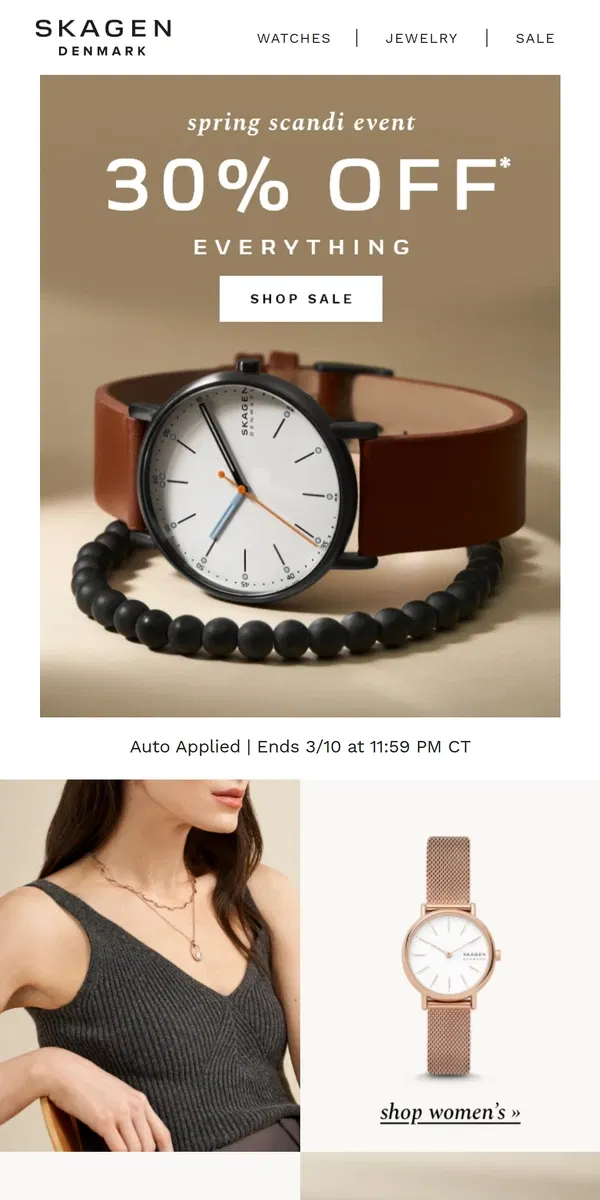 Email from Skagen. understated luxuries, overjoyed savings.