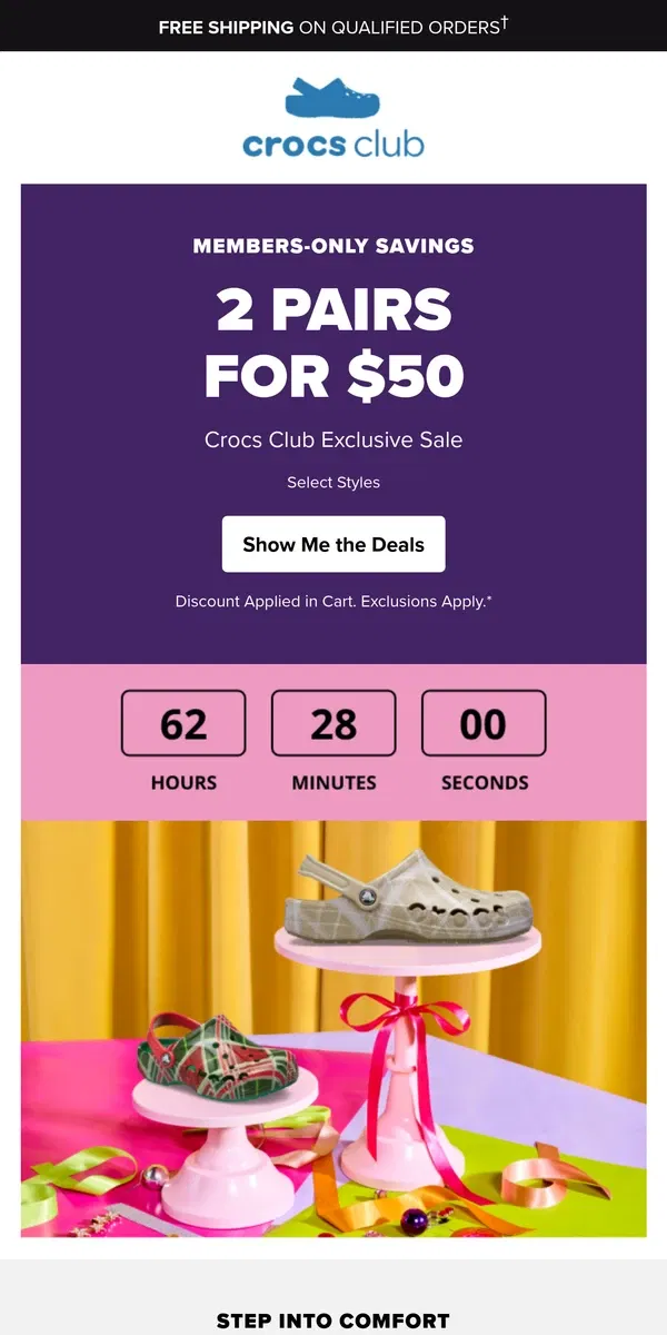 Email from Crocs. 🚨 Crocs Club exclusive 2 pairs for $50 🚨