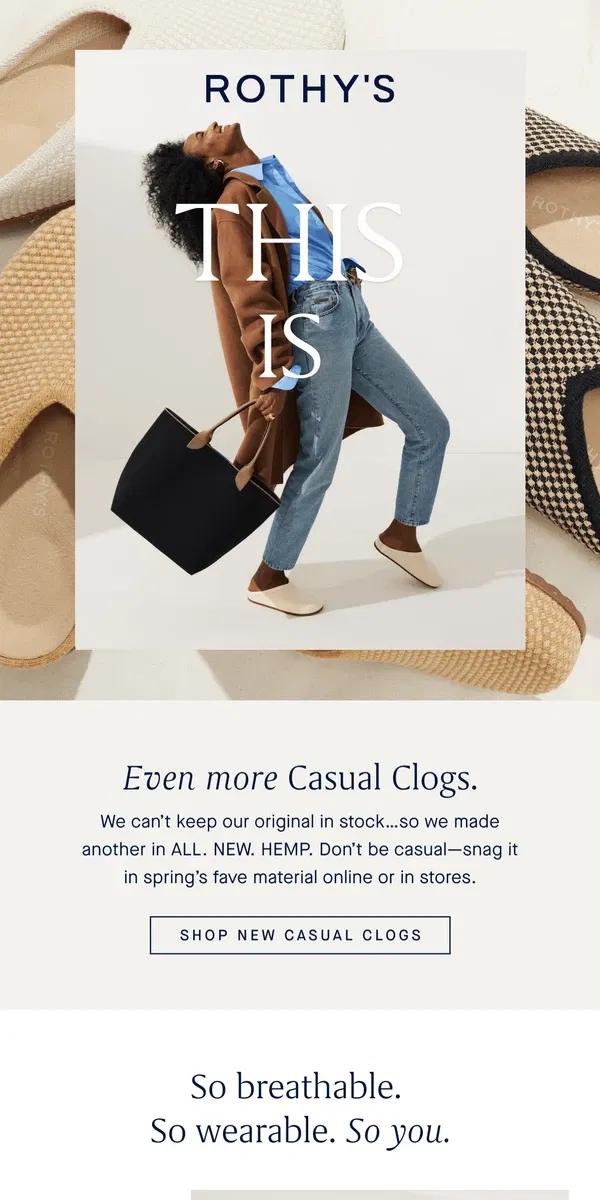 Email from Rothy's. Open for ALL NEW Casual Clogs.