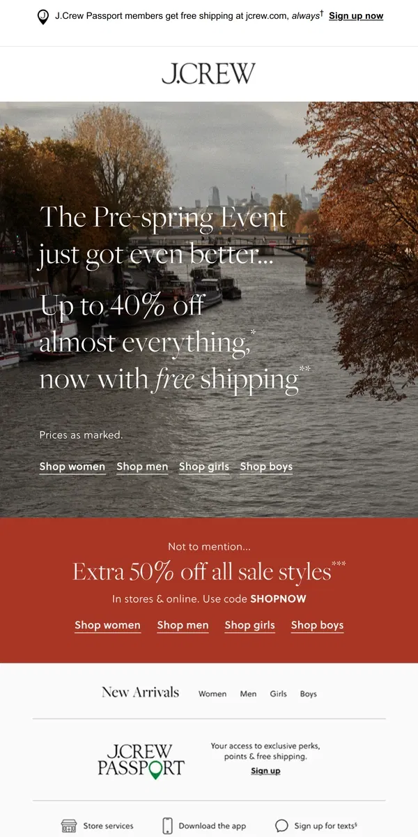 Email from J.Crew. Free shipping & up to 40% off…what are you waiting for?