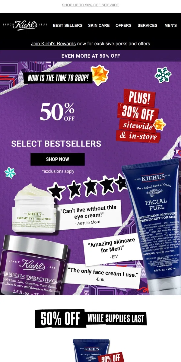 Email from Kiehl's. 🛎️Don't Miss Out! Up to 50% OFF Including 30% OFF SITEWIDE🛎️