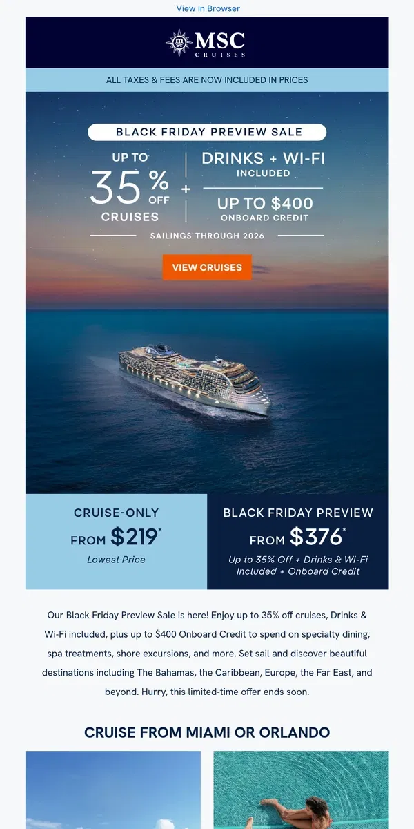 Email from MSC Cruises. Black Friday Preview Sale: Up to 35% off Cruises!