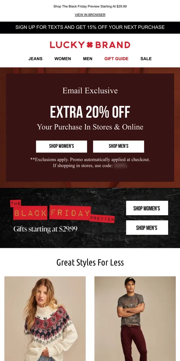 Email from Lucky Brand. All Weekend Long! 🥳 20% Off Online & In Stores