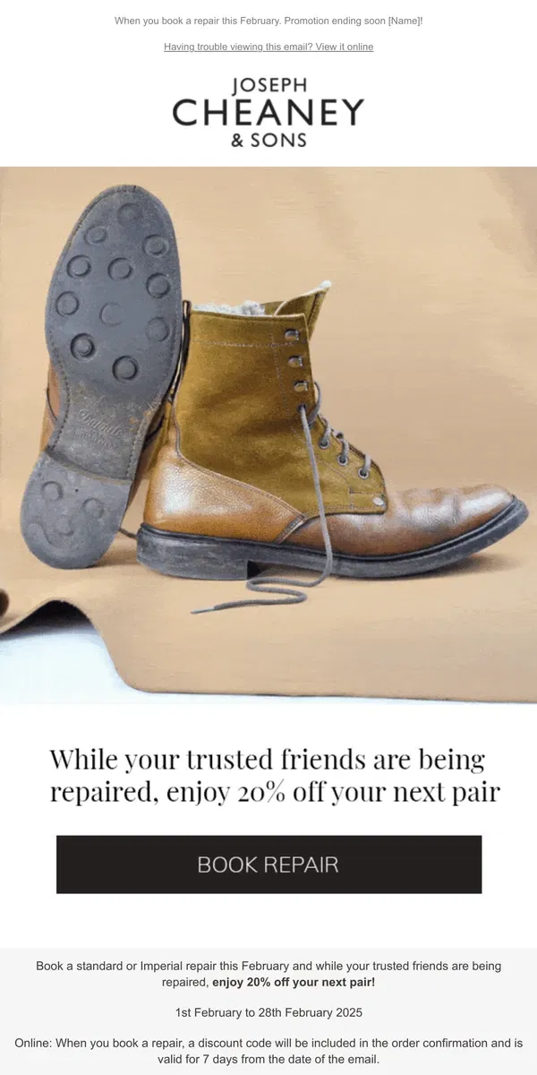 Email from Joseph Cheaney. Don't miss out on 20% off a new pair!