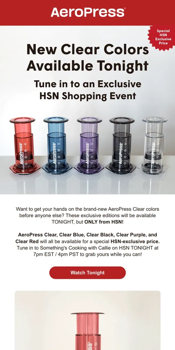 Email from AeroPress. New AeroPress Clear Colors Available TONIGHT! 🌈