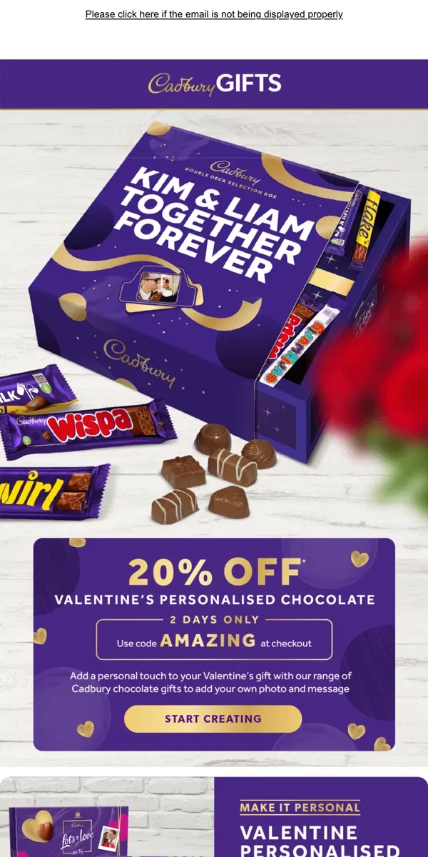 Email from Cadbury. Hey [Name], create your personalised Valentine ♥ chocolate gift with 20% OFF!