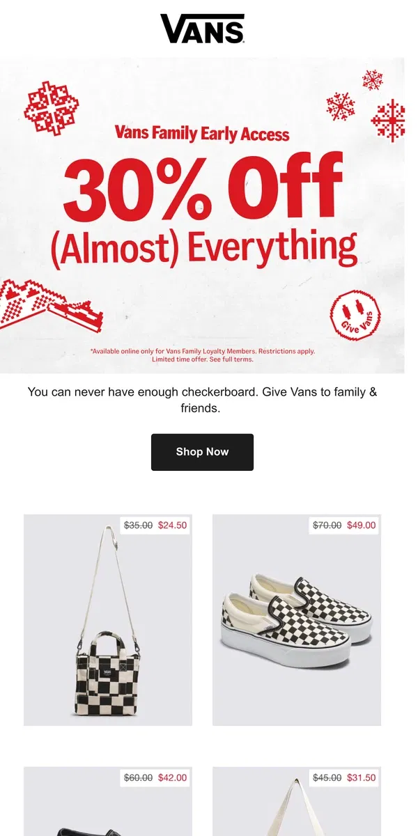 Email from Vans. 30% Off Checkerboard Styles! 🏁