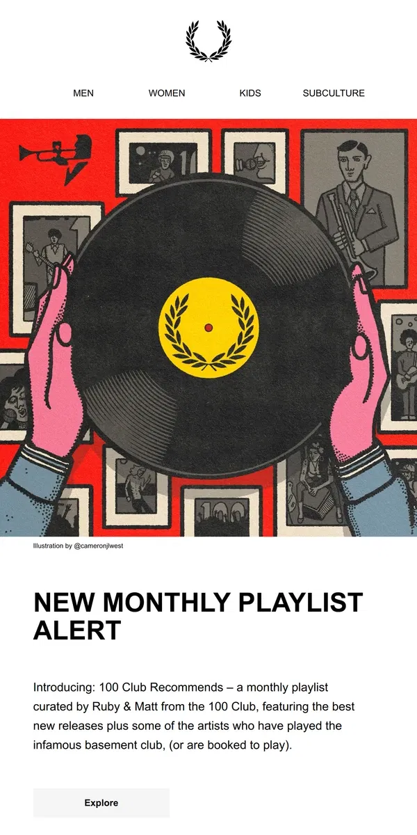 Email from Fred Perry. Playlist - 100 Club Recommends