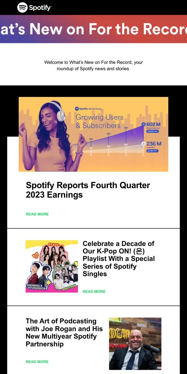 Email from Spotify. Spotify Reports Fourth Quarter 2023 Earnings