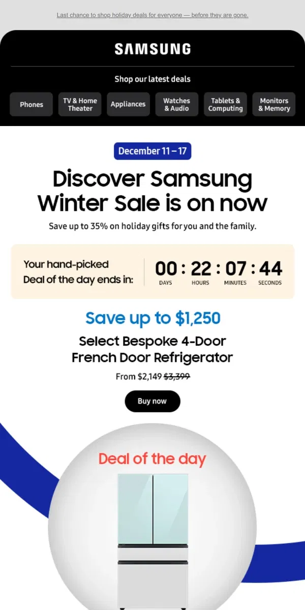 Email from Samsung. ⏰👀 [Name], it's the final day! Save up to 35% on Galaxy S23, Tab S9 and more.