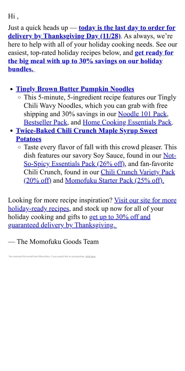 Email from Momofuku. LAST CHANCE: Get delivery by Thanksgiving