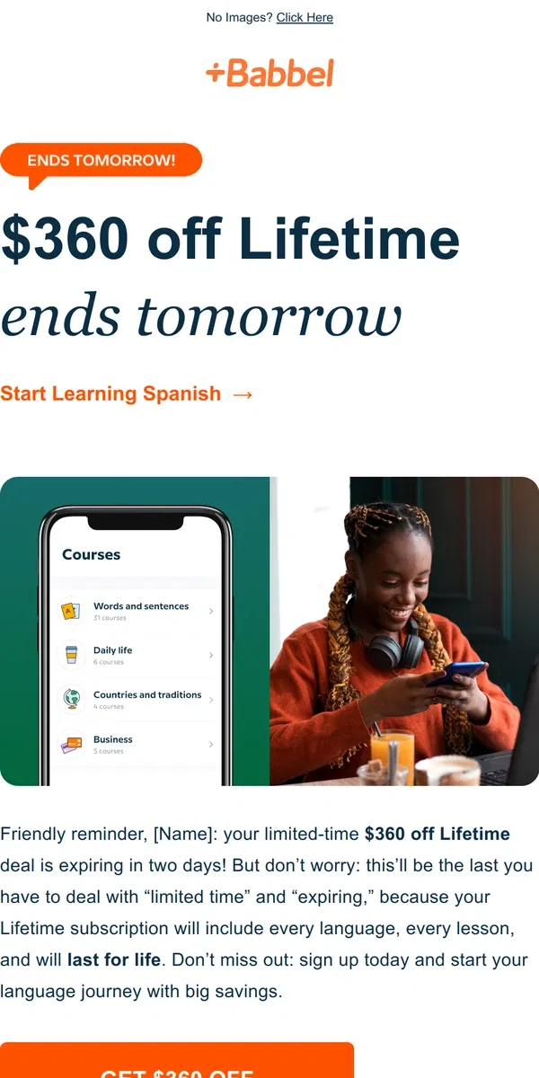 Email from Babbel. (1) INVITE PENDING: Hey [Name], your special bonus is expiring.