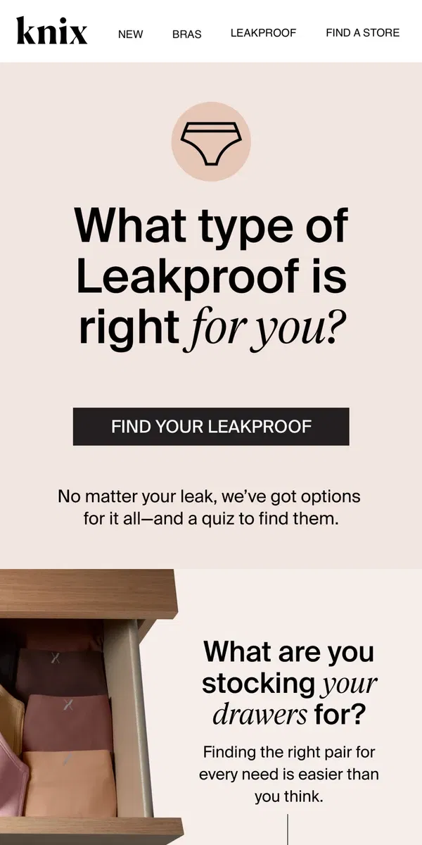 Email from Knix. Take the leakproof quiz✅