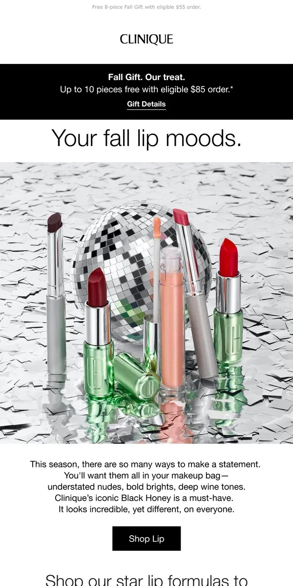 Email from Clinique. Fall lips 💋 Sheer or dramatic? Plus, get your Fall Gift.