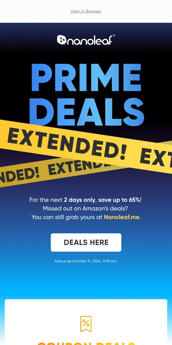 Email from Nanoleaf. 🚀 Prime Day Deals EXTENDED 🚀