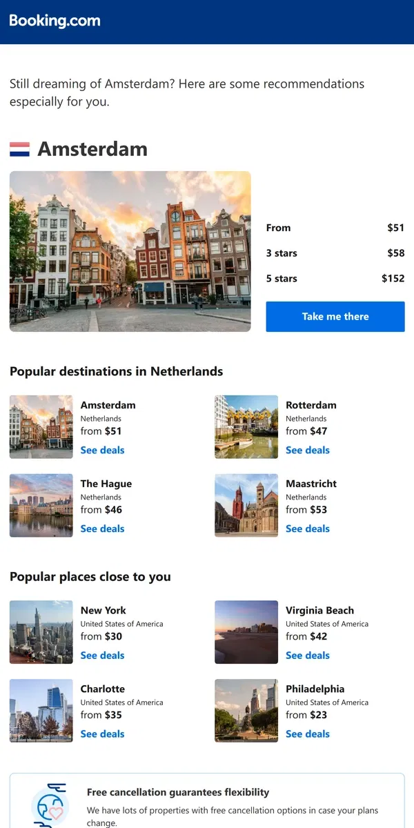 Email from Booking.com. Deals in Amsterdam from $51 for February