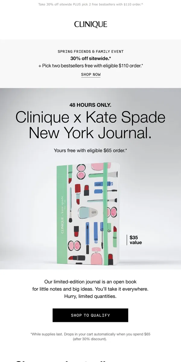 Email from Clinique. 48 HOURS! Clinique x Kate Spade New York Journal. Free with $65 order.